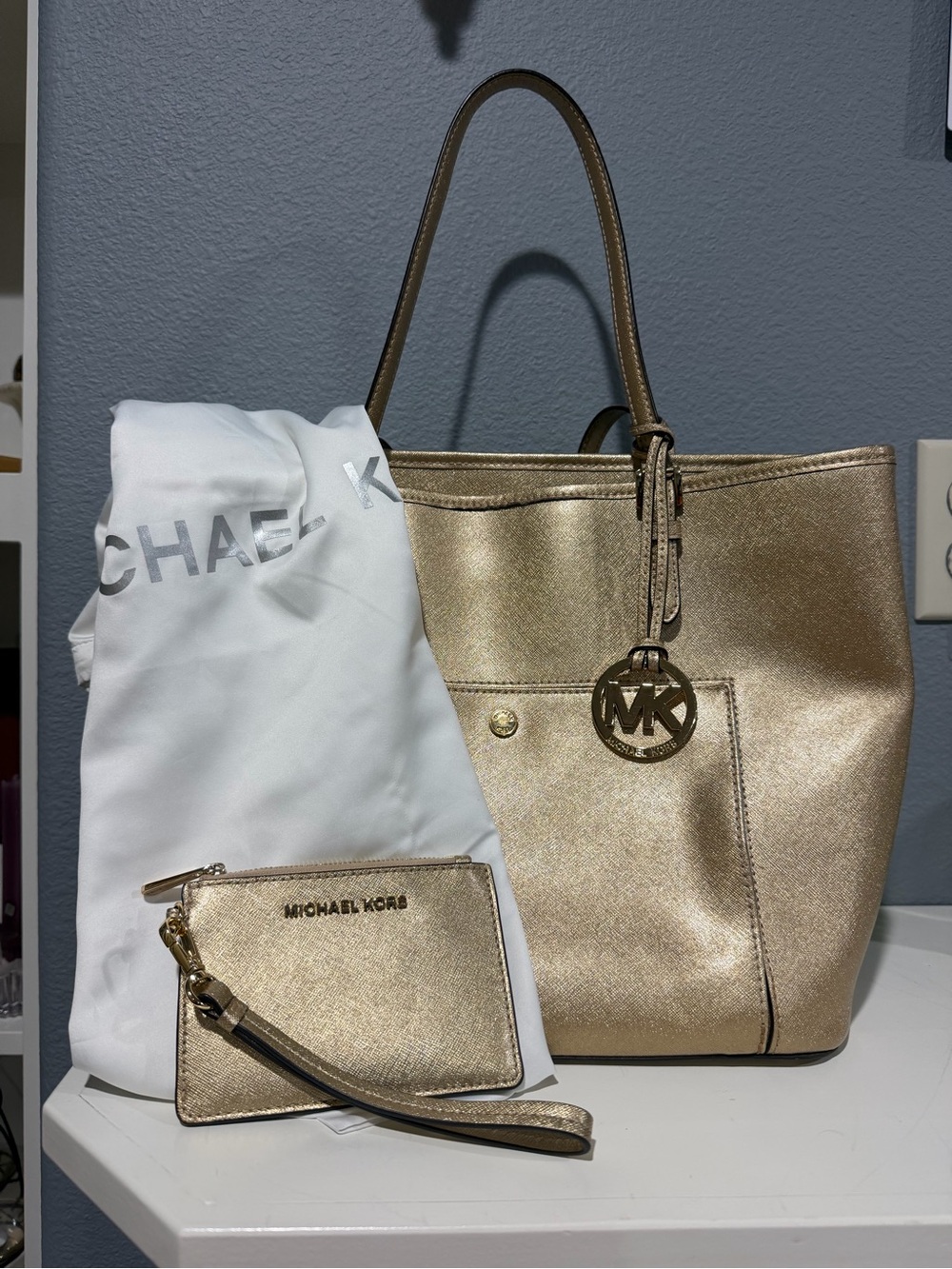 Michael Kors Metallic Gold Tote with Wristlet and Dust Bag 3-piece set
